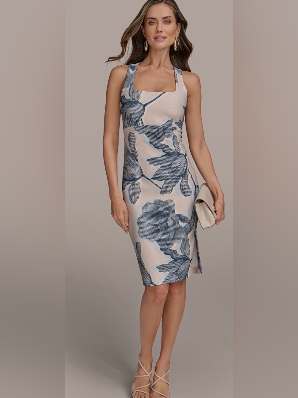 NWT Donna Karan Women’s Square Neck Floral Midi Sheath Dress Sz 4. Ivory & Blue.